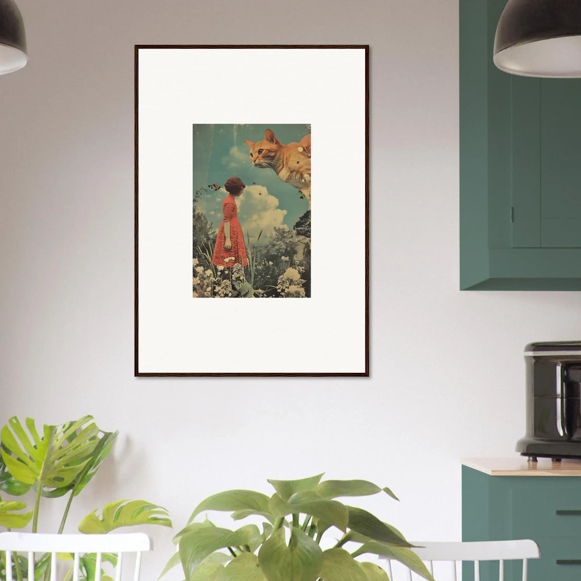 Framed canvas print of Luminous Meadows Serenade with a red figure in a floral scene