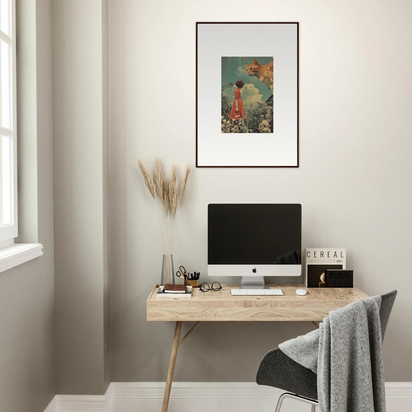 Minimalist wooden desk with computer and Meadows Serenade canvas print above