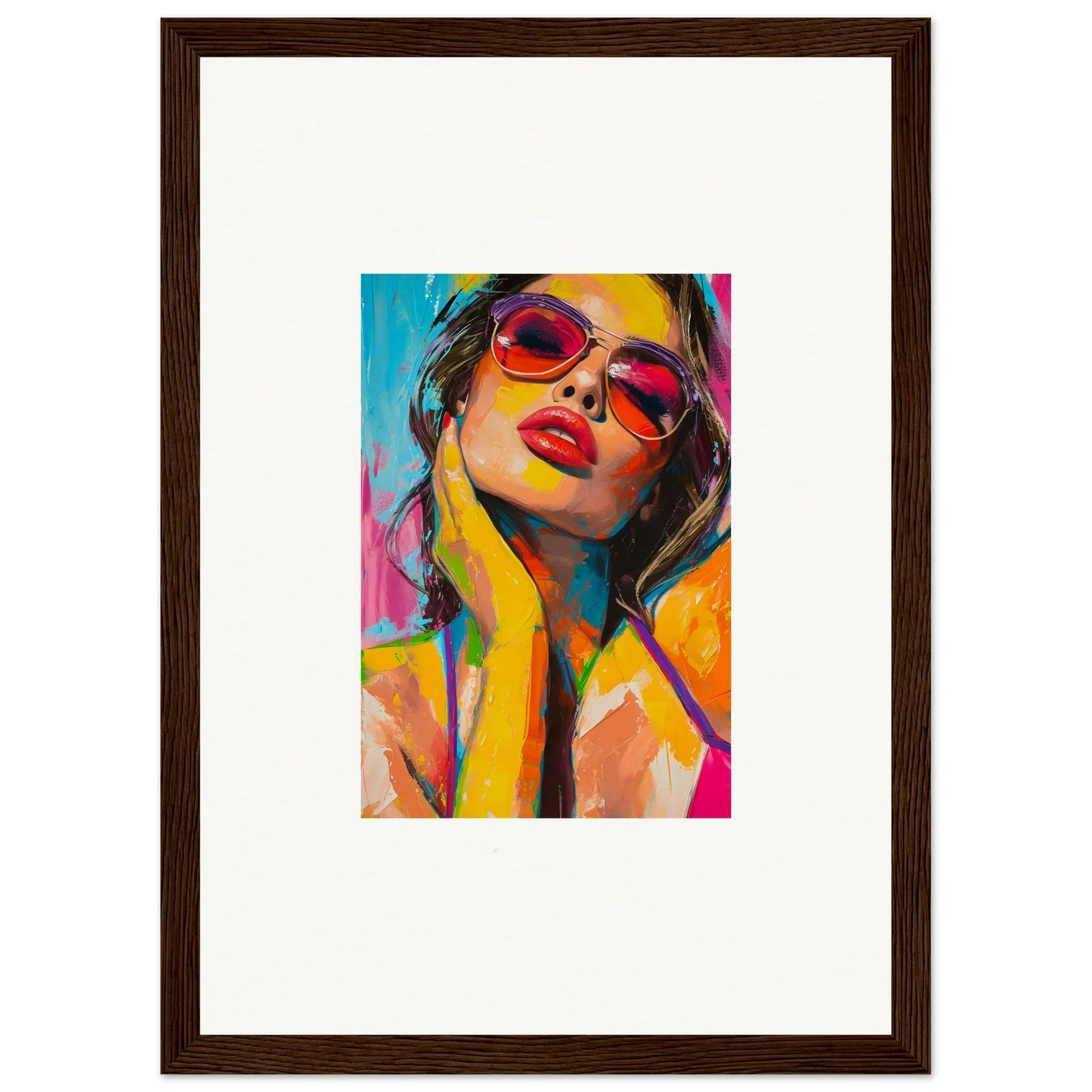 Colorful canvas print of a woman in red sunglasses for vibrant room decoration