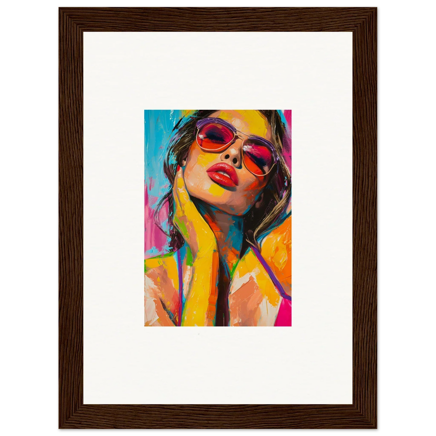 Colorful pop art portrait of a woman in red sunglasses for mind prism room decoration