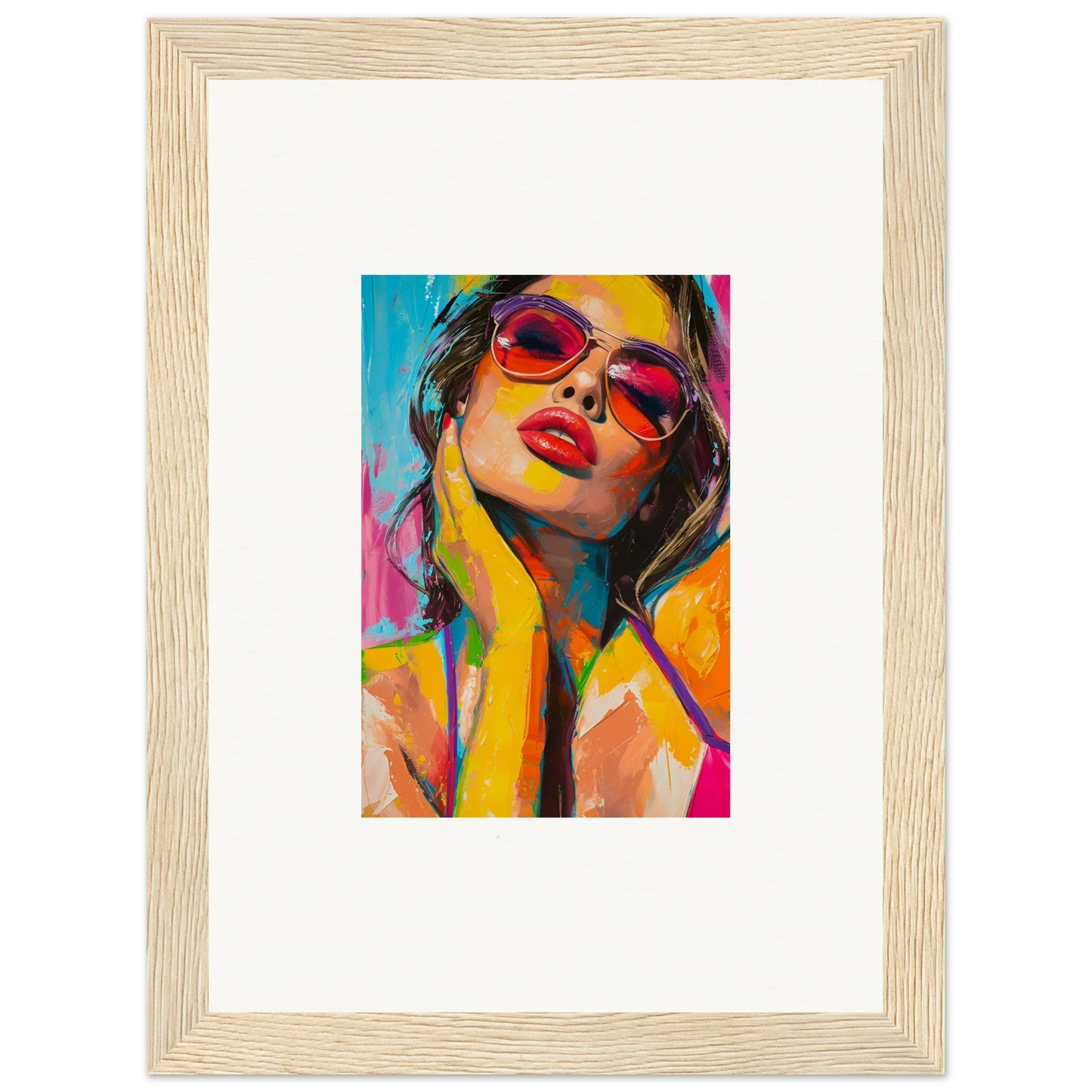 Colorful canvas print of a person in red sunglasses for vibrant room decoration