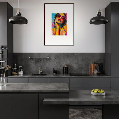 Modern kitchen with dark cabinetry featuring a colorful canvas print for room decoration