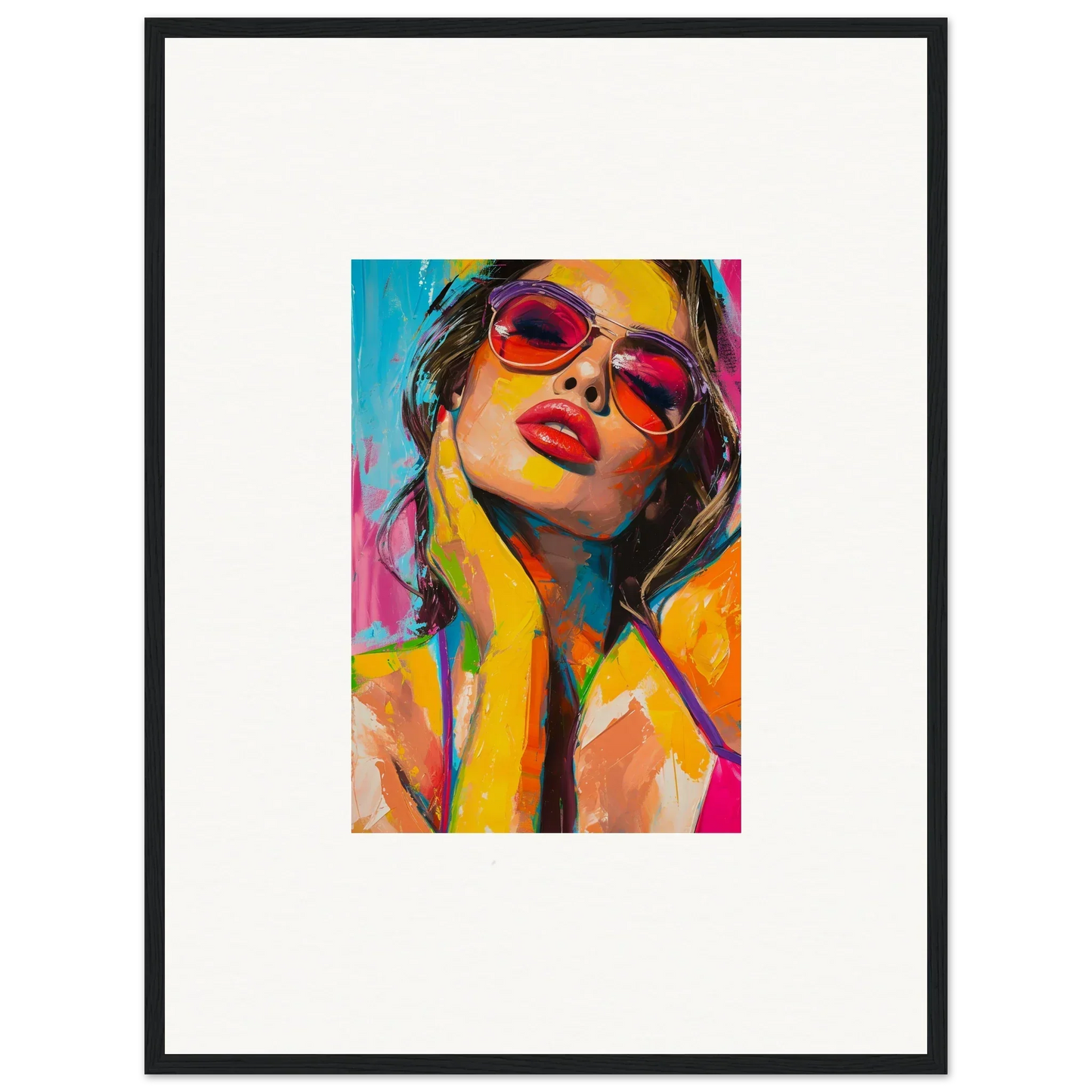 Colorful pop art portrait of a woman in sunglasses, perfect for mind prism room decoration