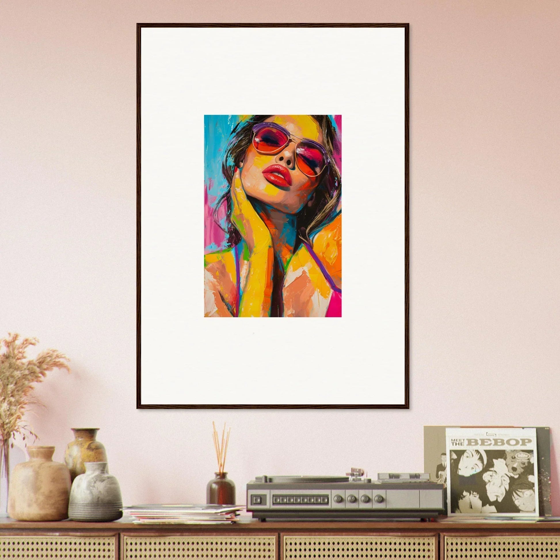 Colorful canvas print of a woman in sunglasses, perfect for mind prism room decoration