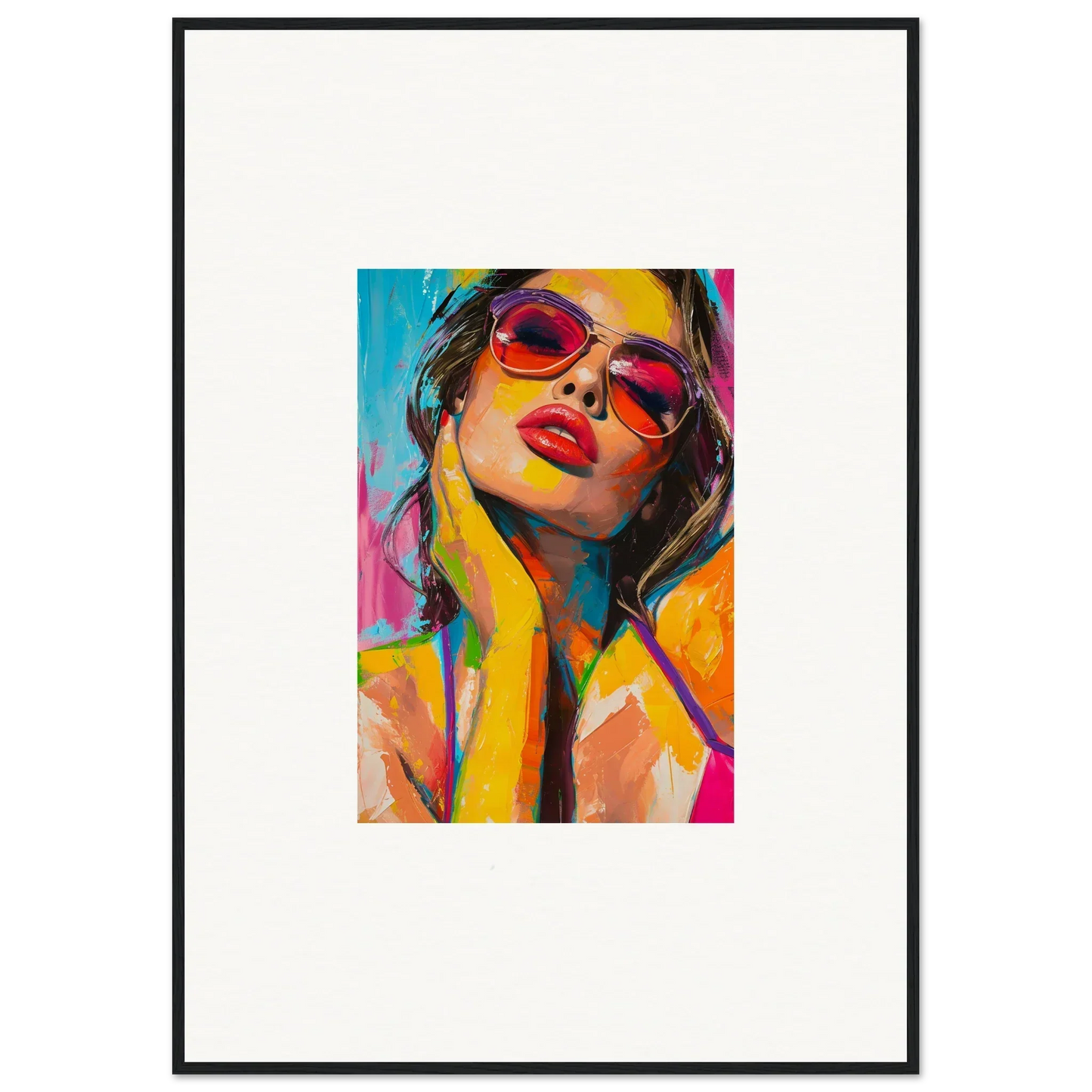 Colorful canvas print of a person in red sunglasses, perfect for room decoration with a mind prism vibe