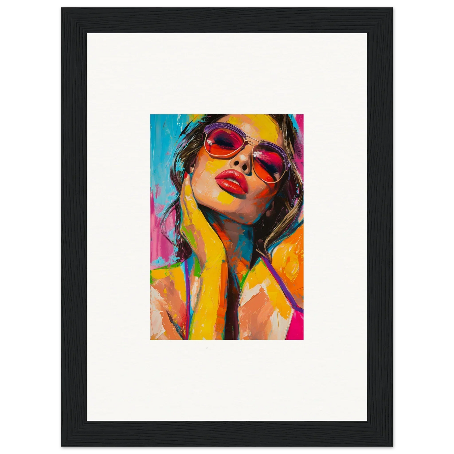 Colorful canvas print of a woman in red sunglasses for cool room decoration, Mind Prism