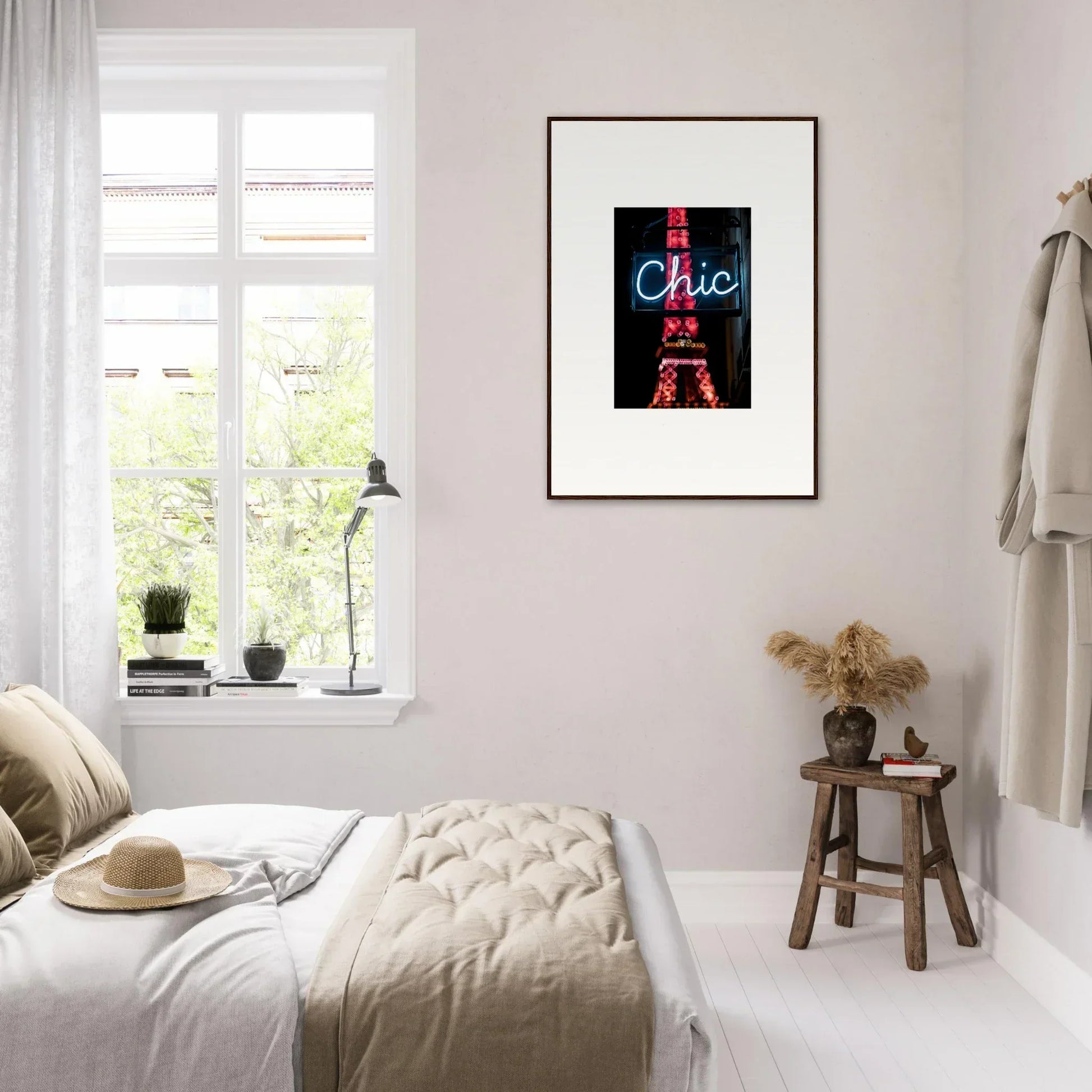 Framed neon-style Chic artwork of the Eiffel Tower for Paris dreams room decor