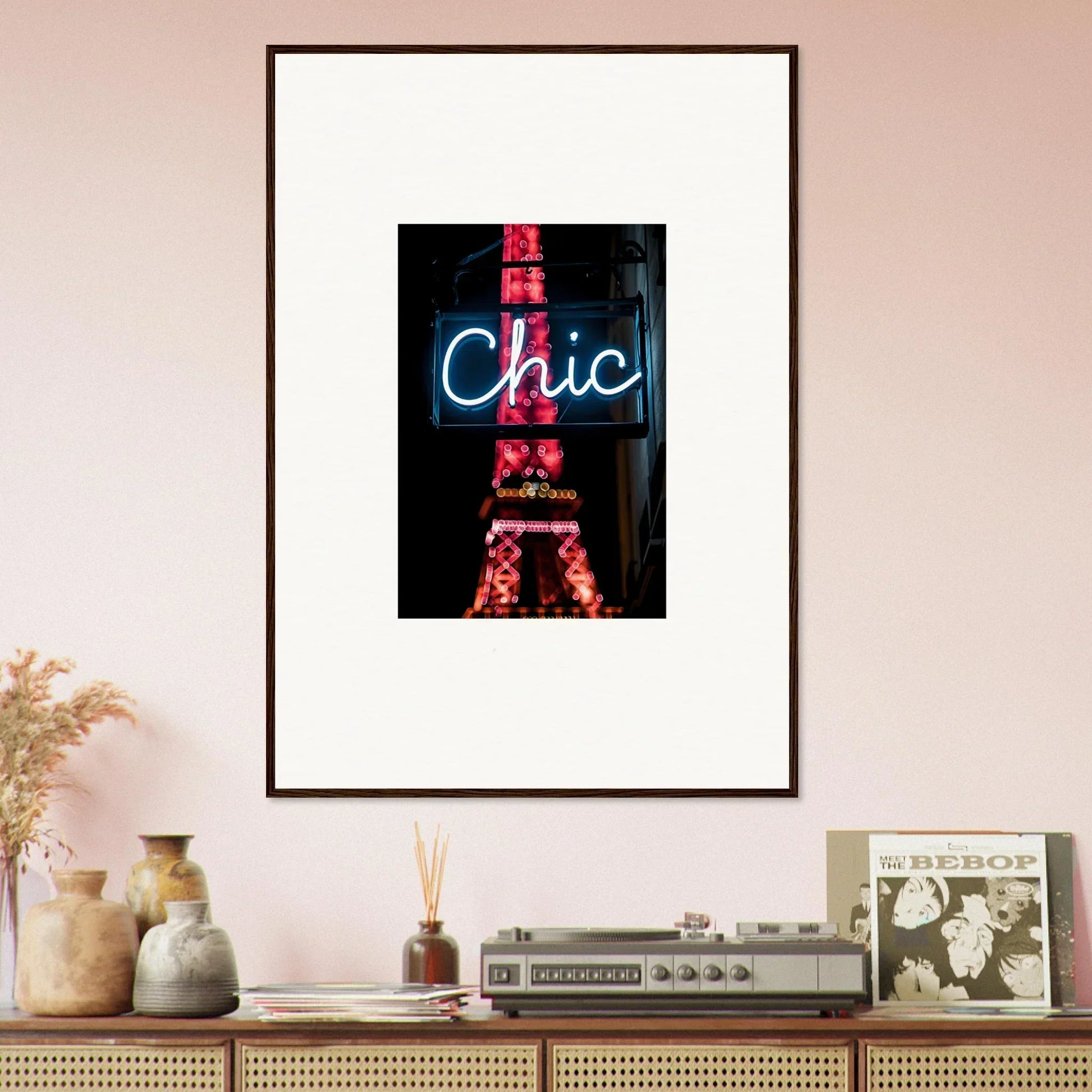 Framed wall art of a neon Chic sign with Eiffel Tower for Paris dreams room decor