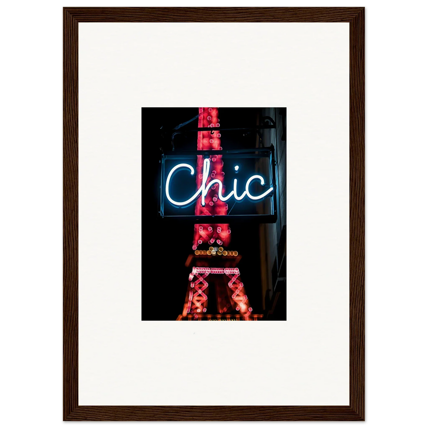 Framed wall art of neon Chic sign with red Eiffel Tower silhouette for Paris dreams room decor