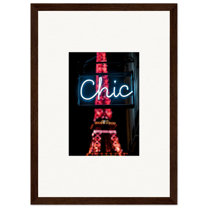 Framed wall art of neon Chic sign with red Eiffel Tower silhouette for Paris dreams room decor