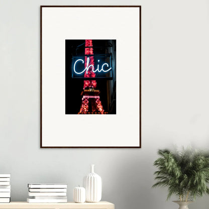 Framed wall art of a neon Chic sign over a red Eiffel Tower for Paris dreams room decor