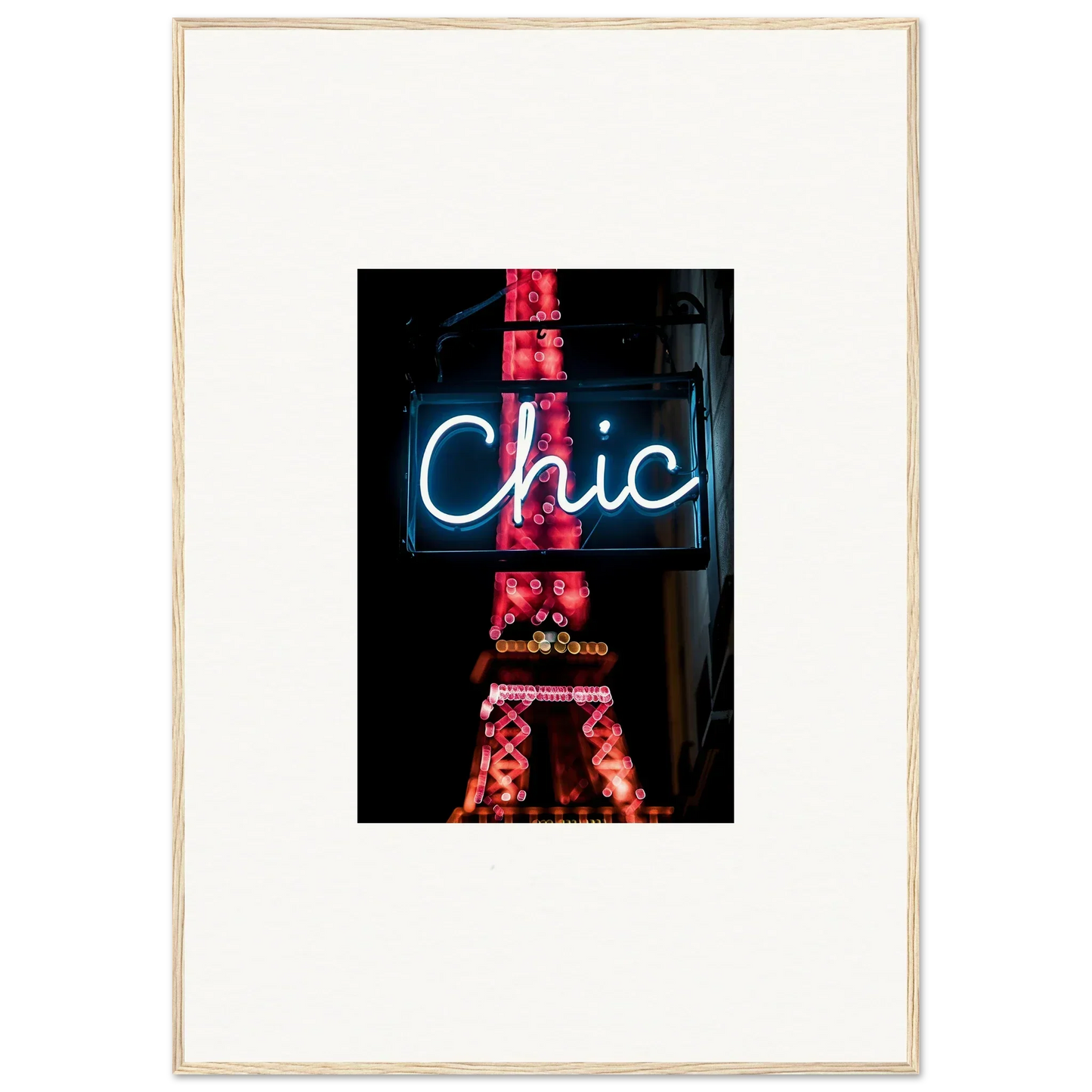 Neon sign of Chic with red Eiffel Tower silhouette for Paris dreams room decor