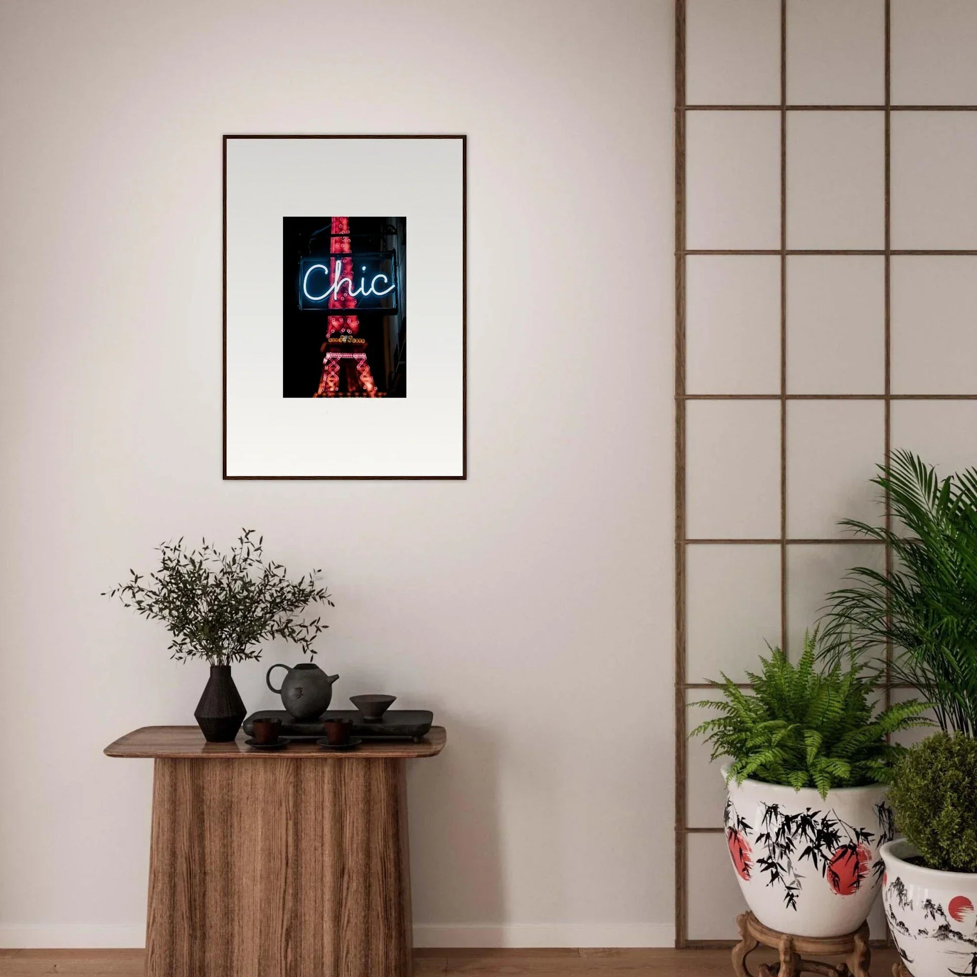 Framed wall art of neon Chic sign and Eiffel Tower silhouette for Paris dreams room decor