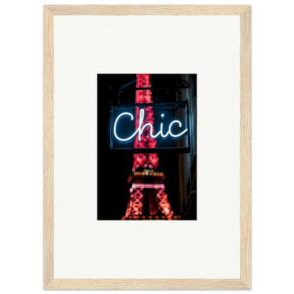 Framed wall art featuring a neon Chic sign and red Eiffel Tower for Paris dreams room decor