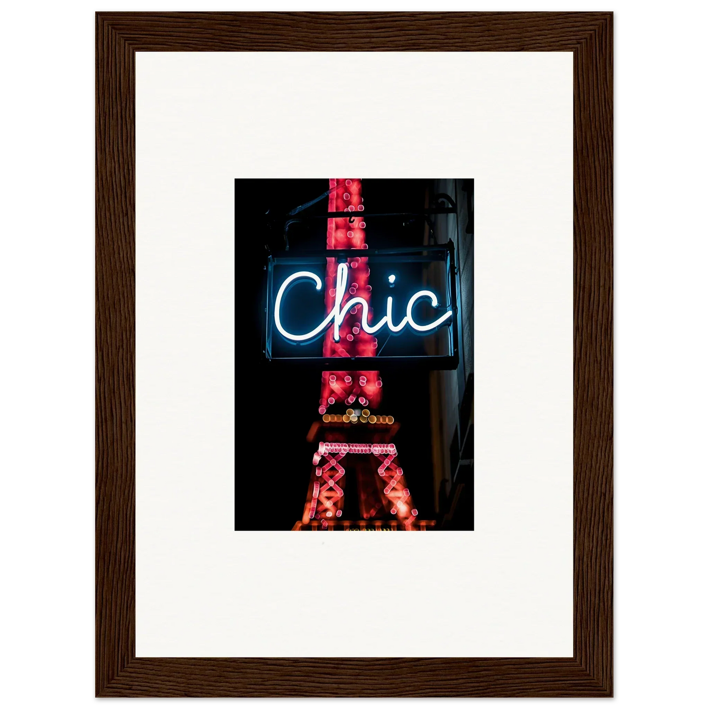 Neon sign ’Chic’ with Eiffel Tower silhouette for Paris dreams room decor framed wall art