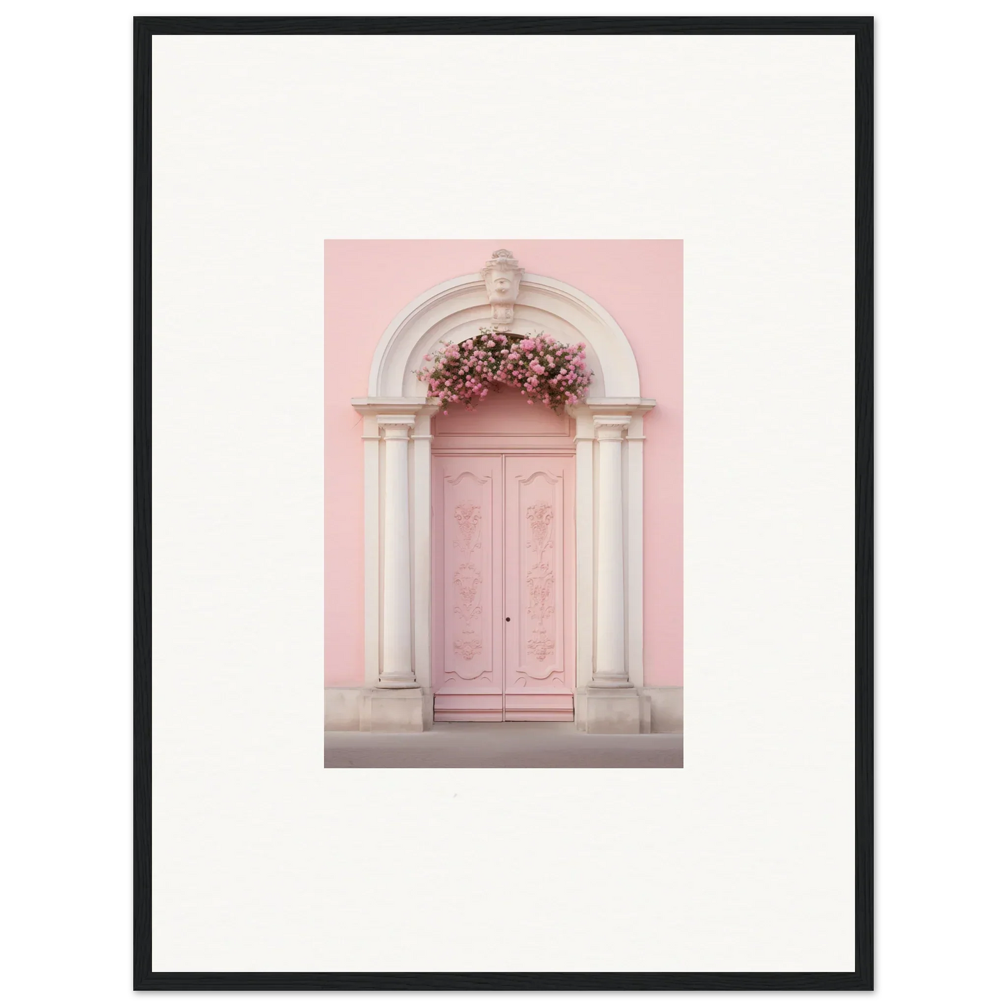 Pink door with white columns and floral arch in Luminous Pastel Dreams framed art