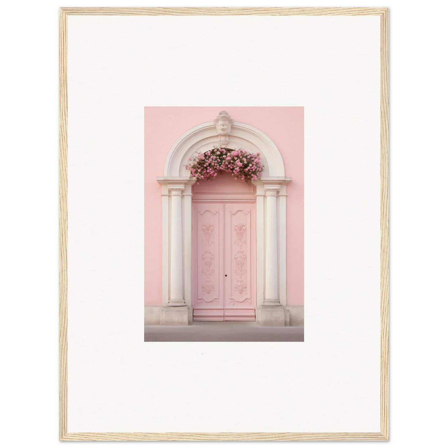 Pink door with stone arch and flowers in Luminous Pastel Dreams framed wall art