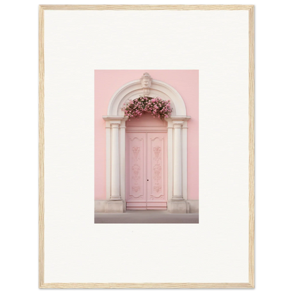 Pink door with stone arch and flowers in Luminous Pastel Dreams framed wall art