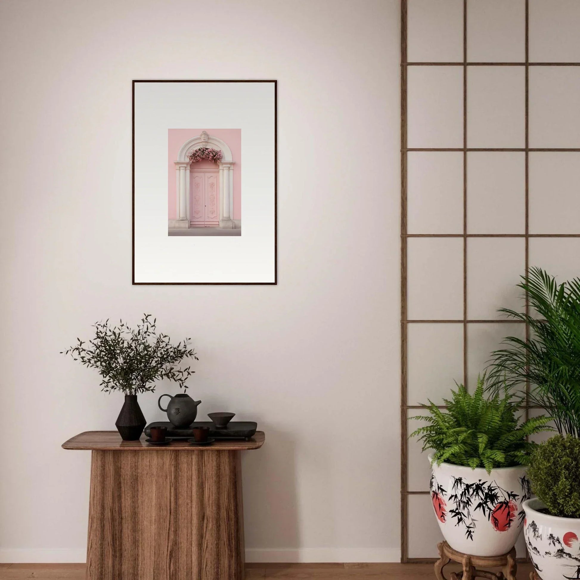 Framed wall art of a pink door with ornate details from Luminous Pastel Dreams collection