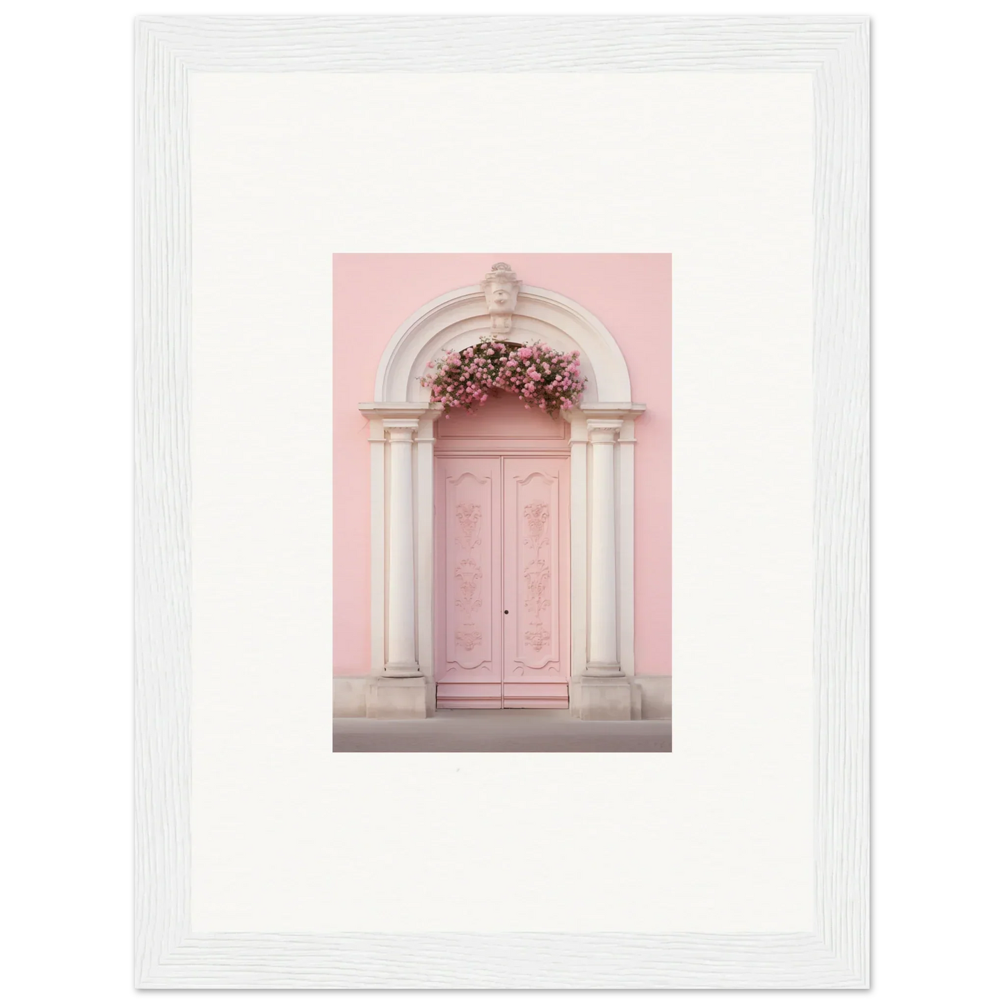 Elegant pink door with white stone archway in Luminous Pastel Dreams framed wall art