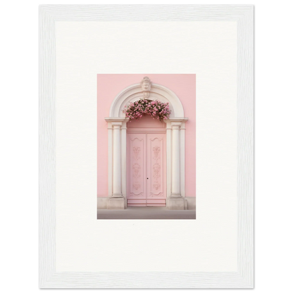 Elegant pink door with white stone archway in Luminous Pastel Dreams framed wall art