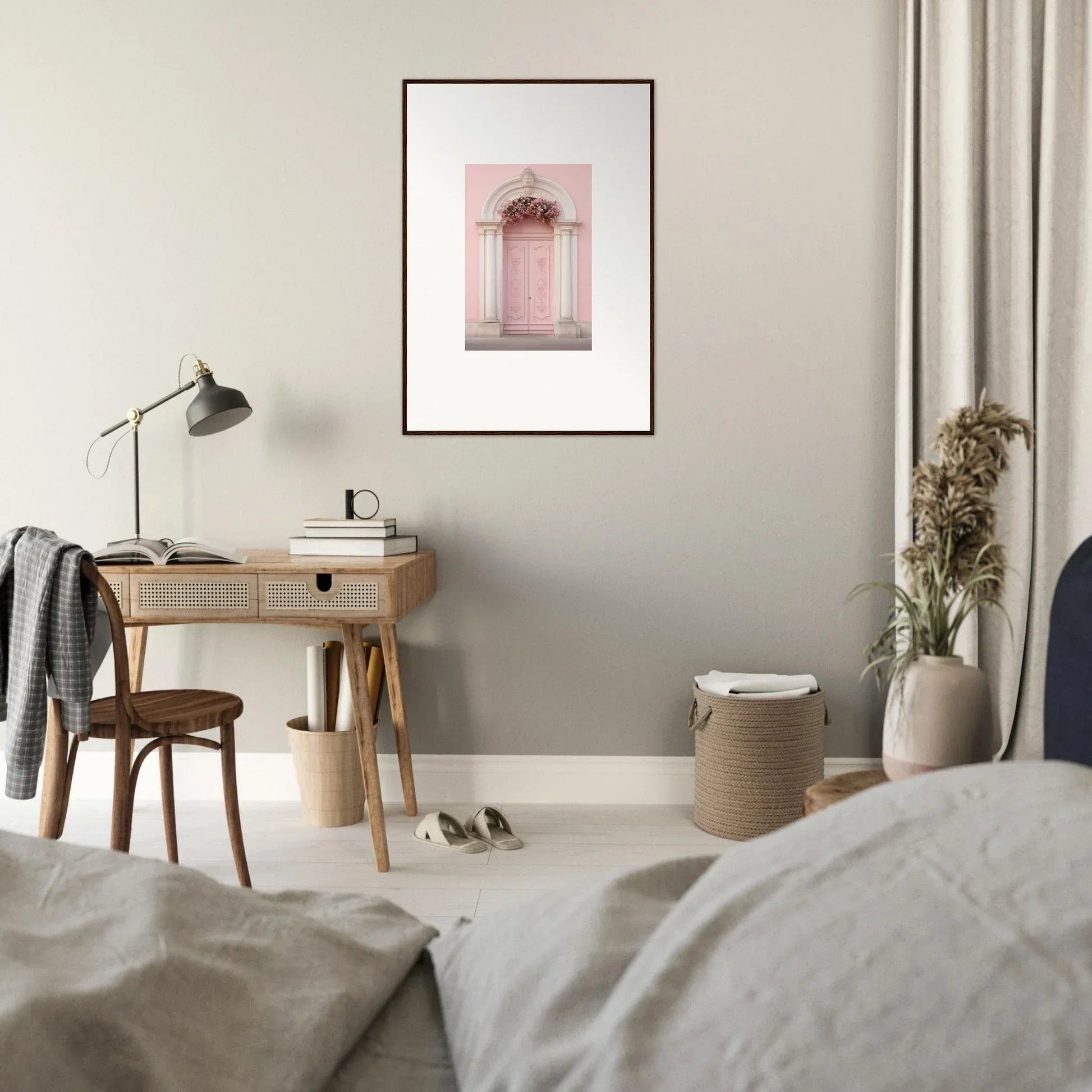 Wooden desk with a lamp and Luminous Pastel Dreams framed wall art above it