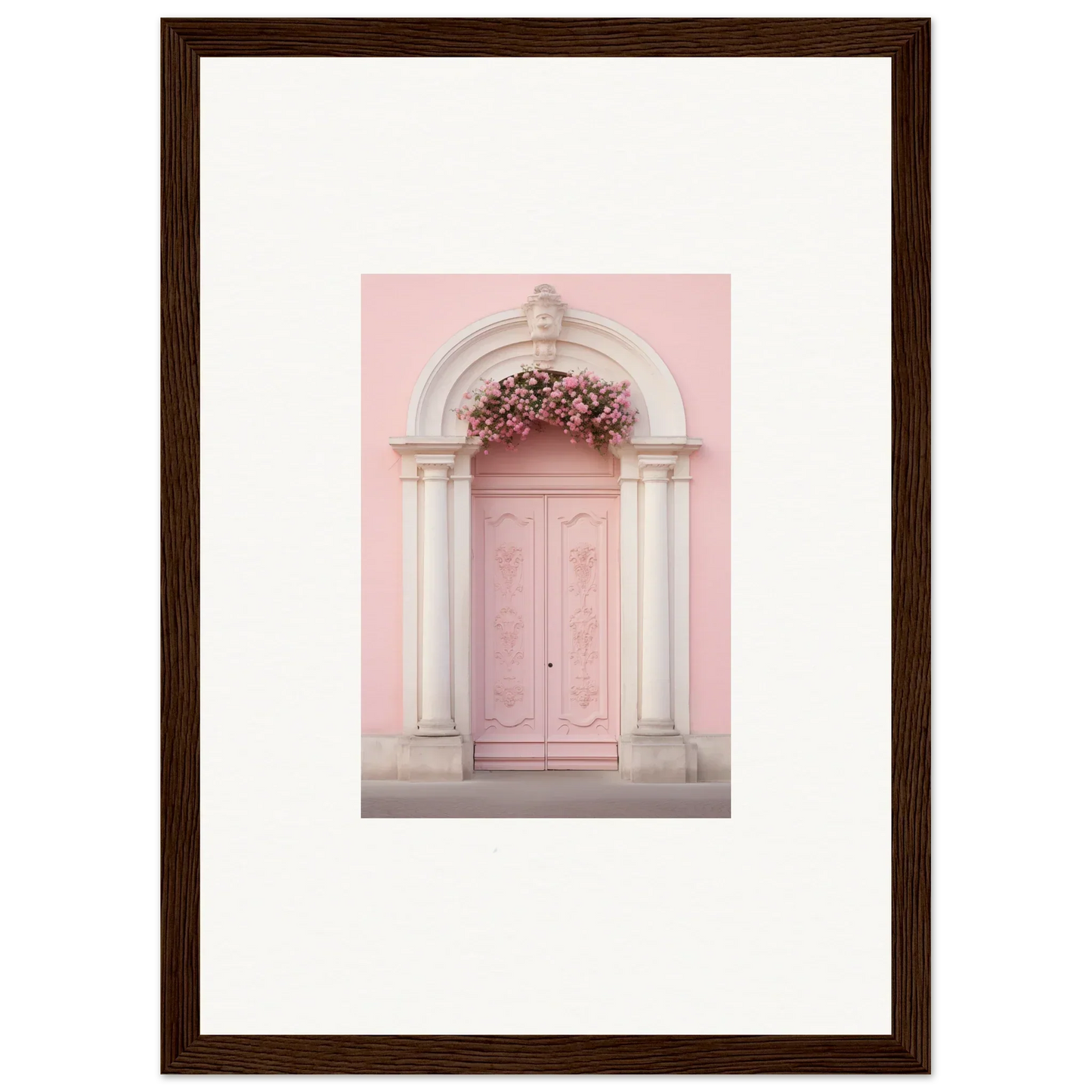 Pink door with white stone archway in Luminous Pastel Dreams framed wall art