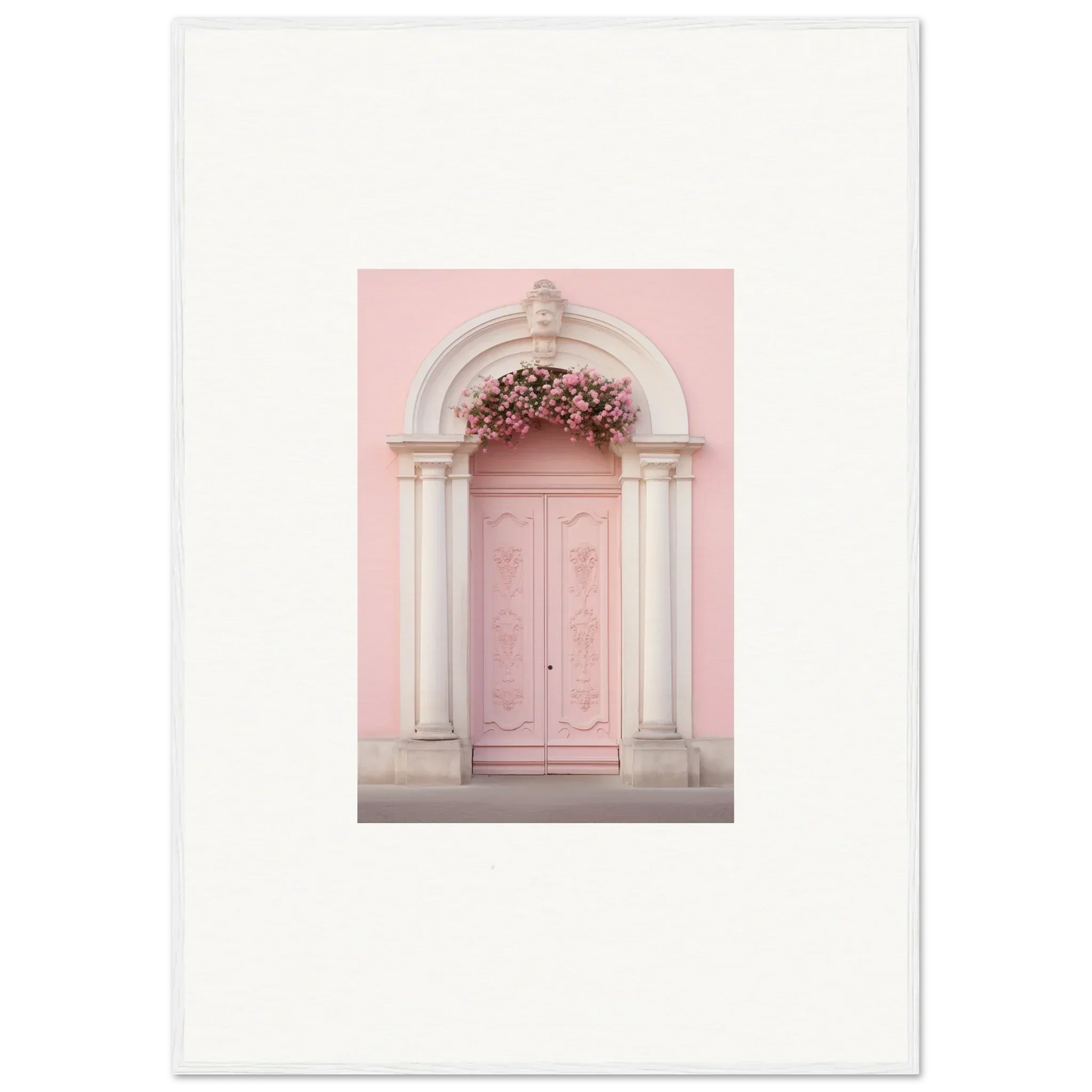 Pink door with white stone arch and floral decor in Luminous Pastel Dreams framed wall art