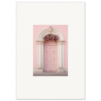 Pink door with white stone arch and floral decor in Luminous Pastel Dreams framed wall art