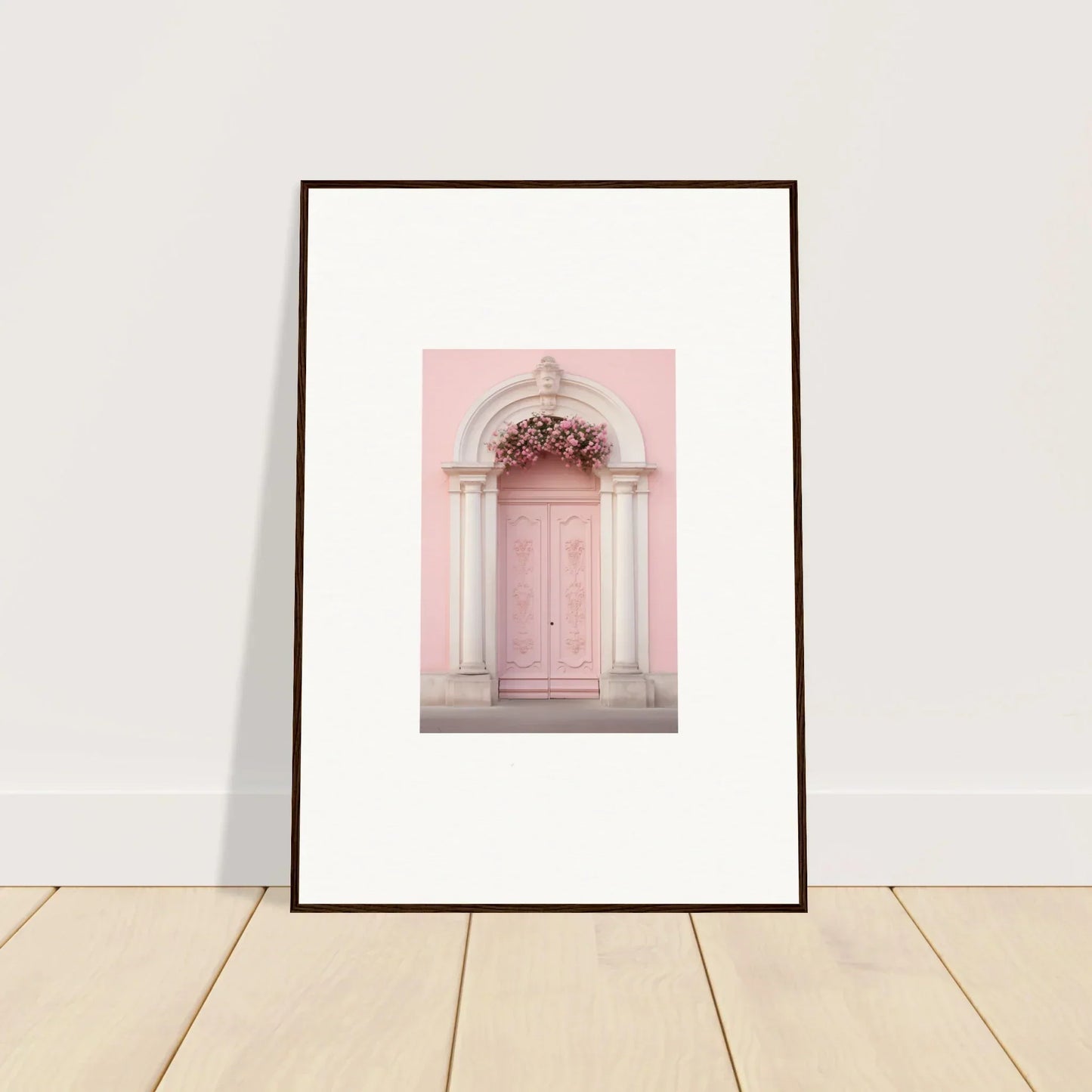 Framed wall art of a pink door with classical columns in Luminous Pastel Dreams design