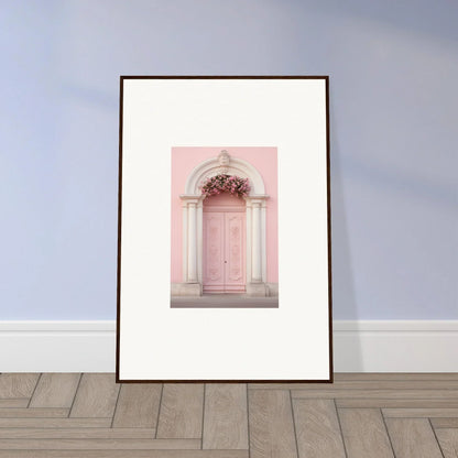 Framed wall art of a pink door with columns in Luminous Pastel Dreams design