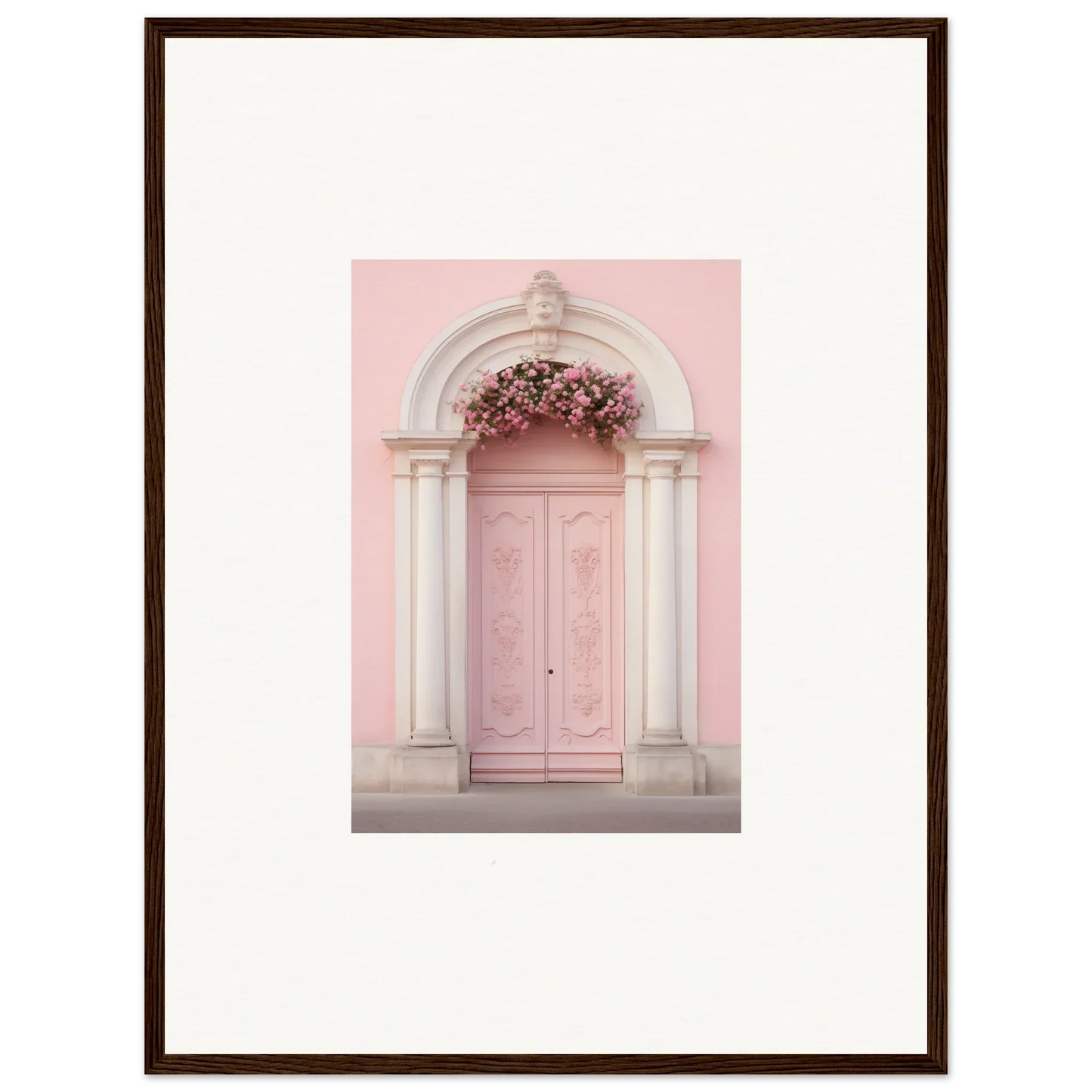 Pink door with white columns and floral arch in Luminous Pastel Dreams framed wall art