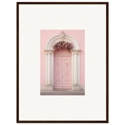 Pink door with white columns and floral arch in Luminous Pastel Dreams framed wall art