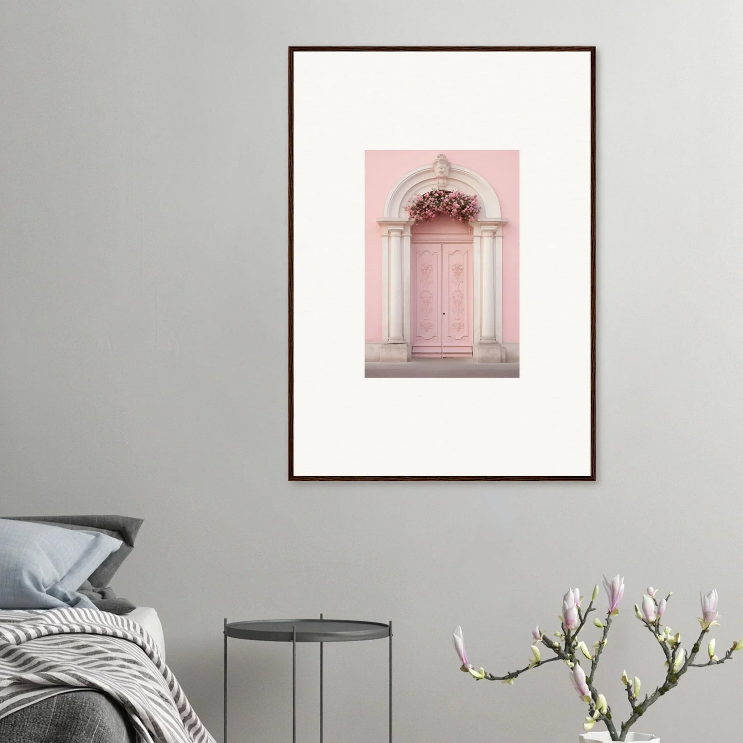 Pink door with ornate details and floral arch from Luminous Pastel Dreams framed wall art