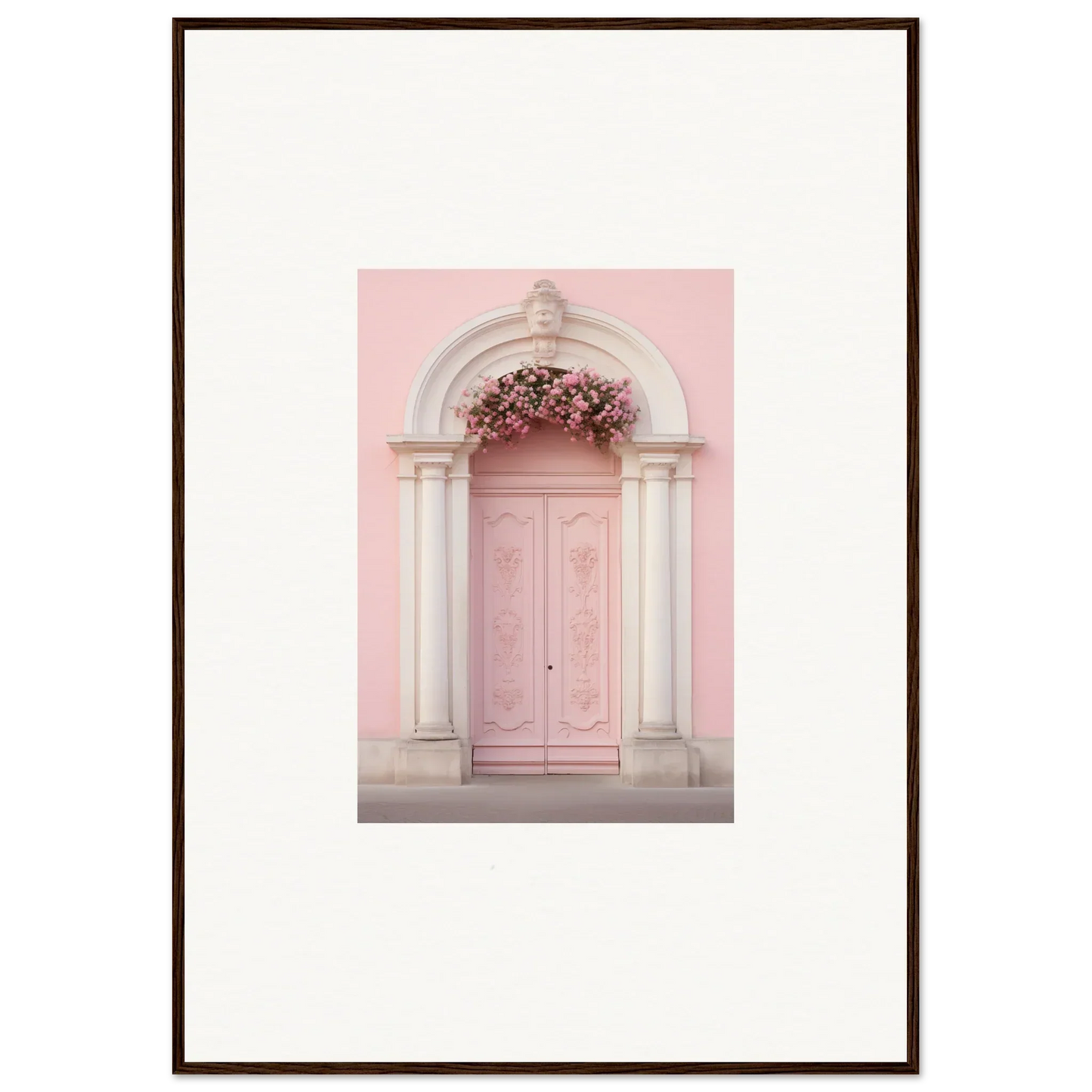 Pink door with stone arch and flowers in Luminous Pastel Dreams framed wall art