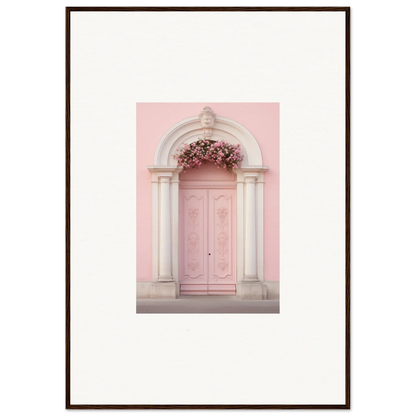 Pink door with stone arch and flowers in Luminous Pastel Dreams framed wall art