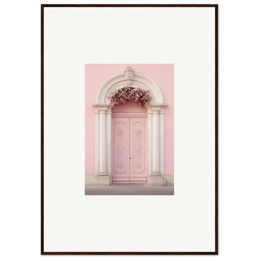 Pink door with stone arch and flowers in Luminous Pastel Dreams framed wall art