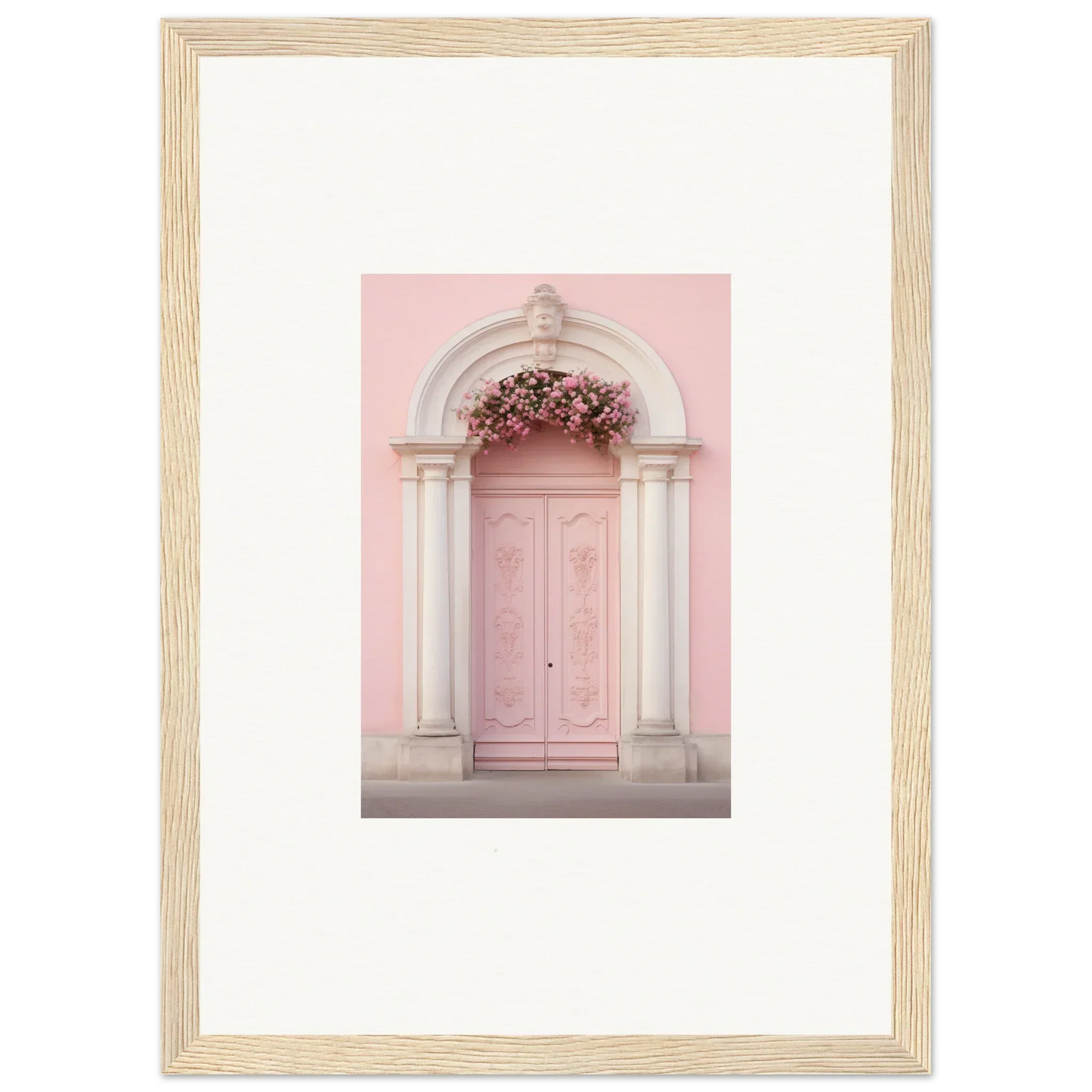 Pink door with ornate columns and floral arch in Luminous Pastel Dreams framed art