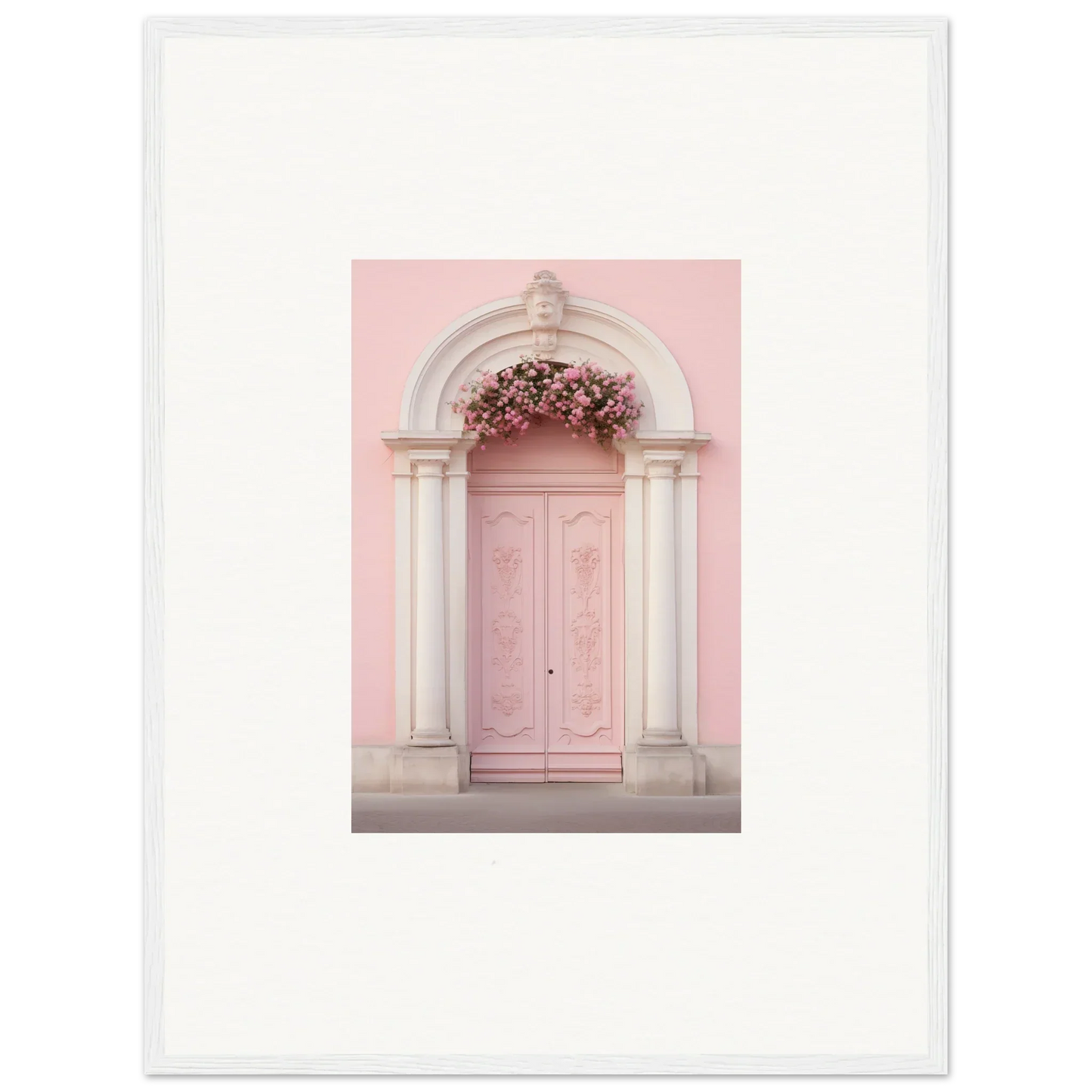 Pink door with white stone arch and floral decor in Luminous Pastel Dreams art™