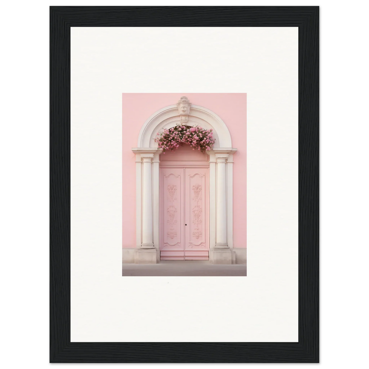 Pink door with white stone archway in Luminous Pastel Dreams framed wall art