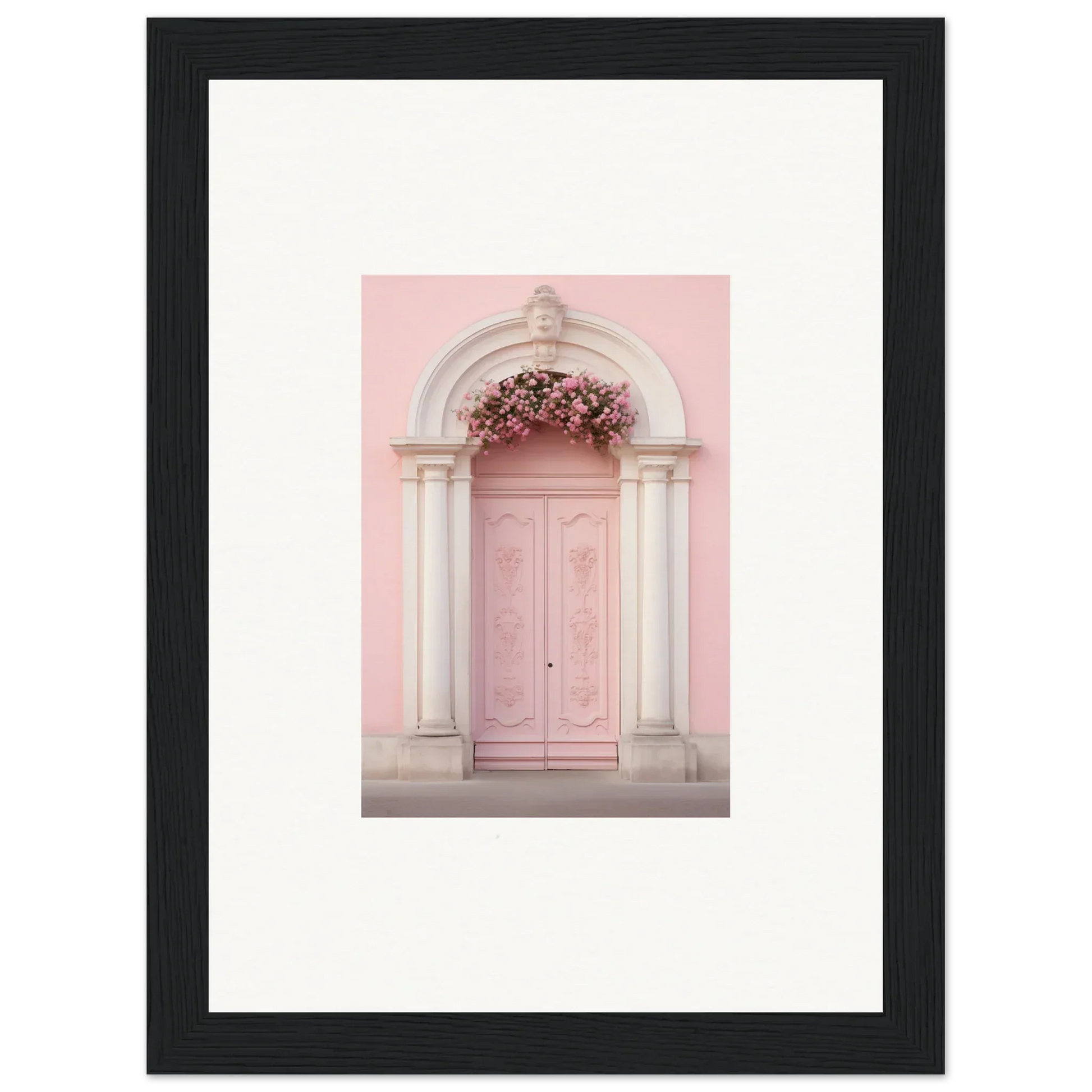 Pink door with white stone archway in Luminous Pastel Dreams framed wall art