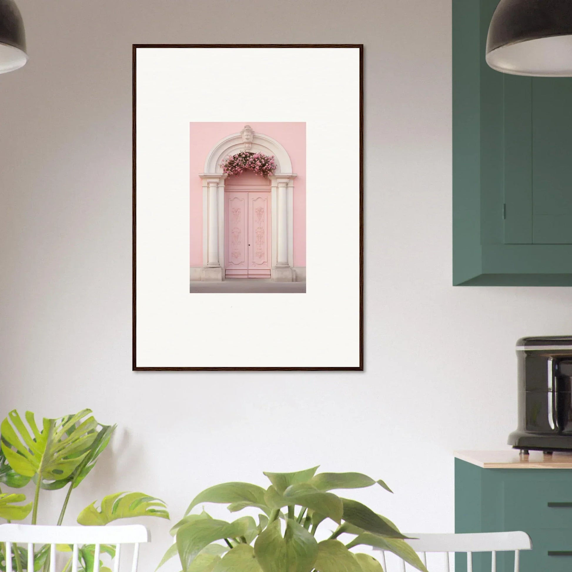 Framed wall art of a pink door and ornate archway from Luminous Pastel Dreams