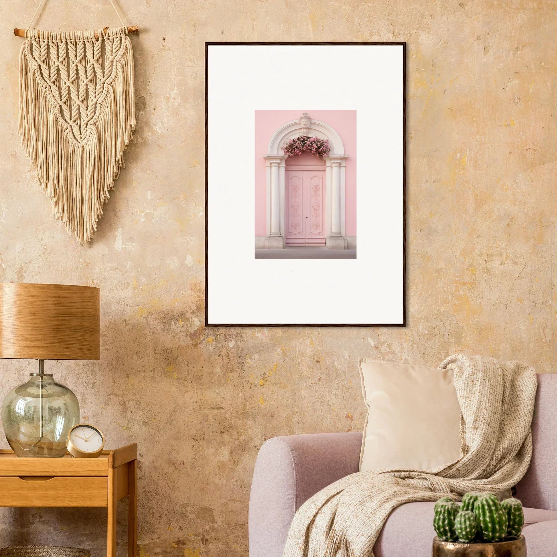 Framed wall art of a pink door with ornate details from Luminous Pastel Dreams collection