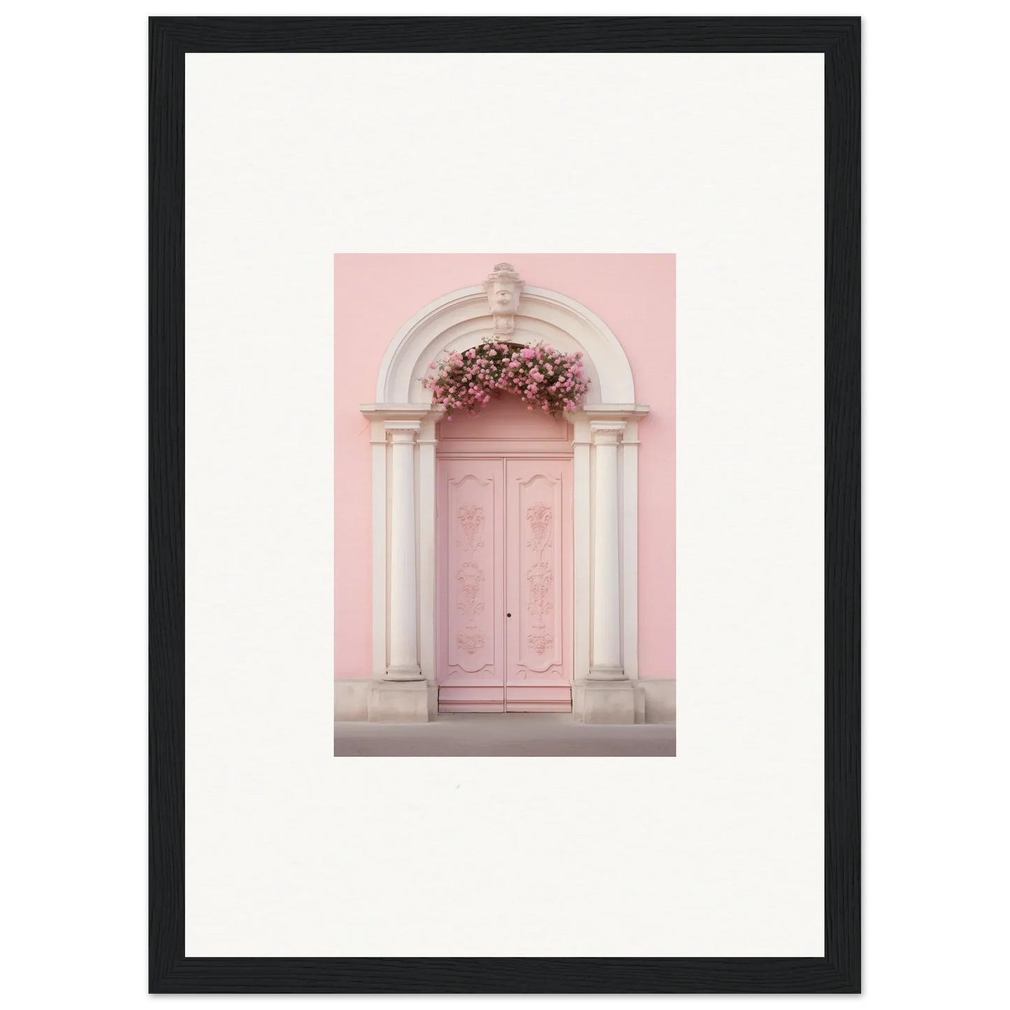 Elegant pink door with floral arch in Luminous Pastel Dreams framed wall art