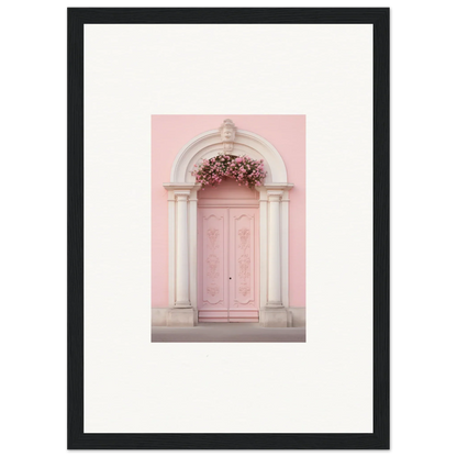 Elegant pink door with floral arch in Luminous Pastel Dreams framed wall art