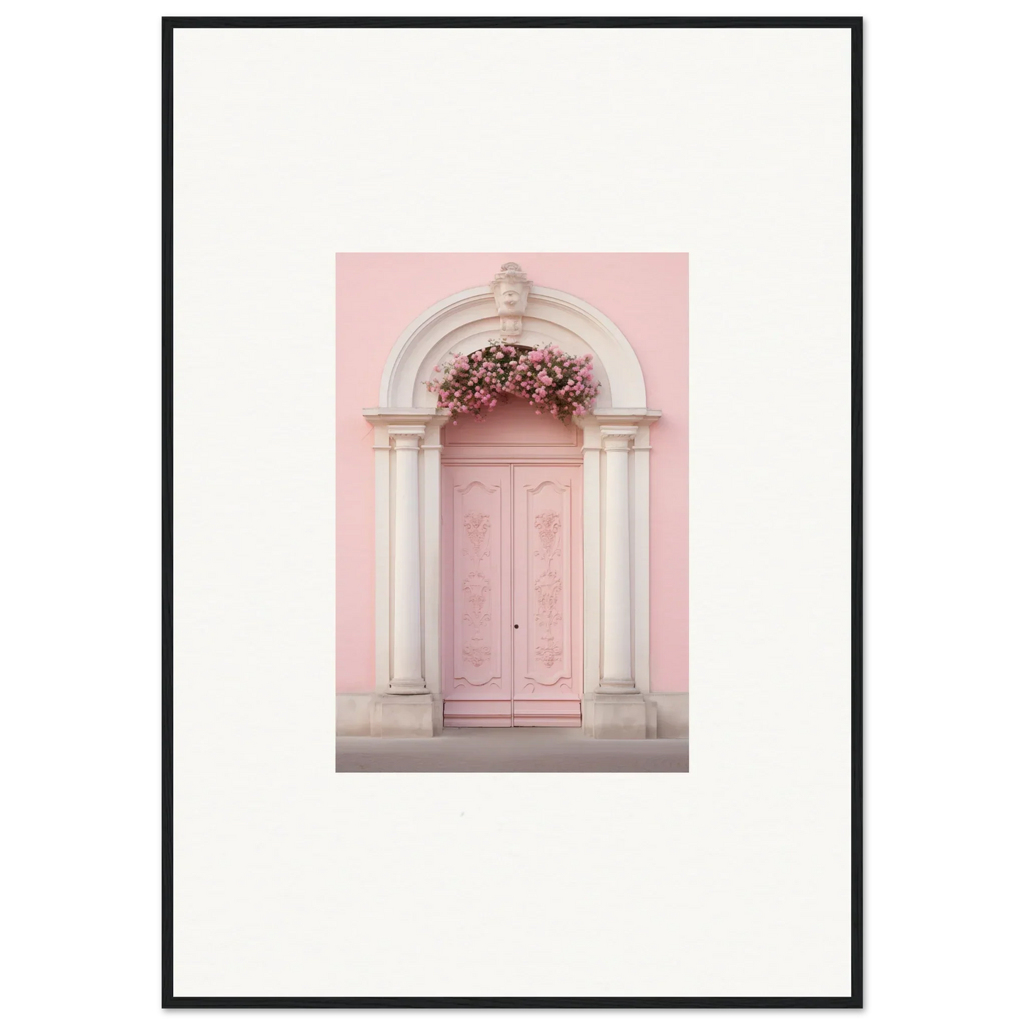 Pink door with white stone archway in Luminous Pastel Dreams framed wall art