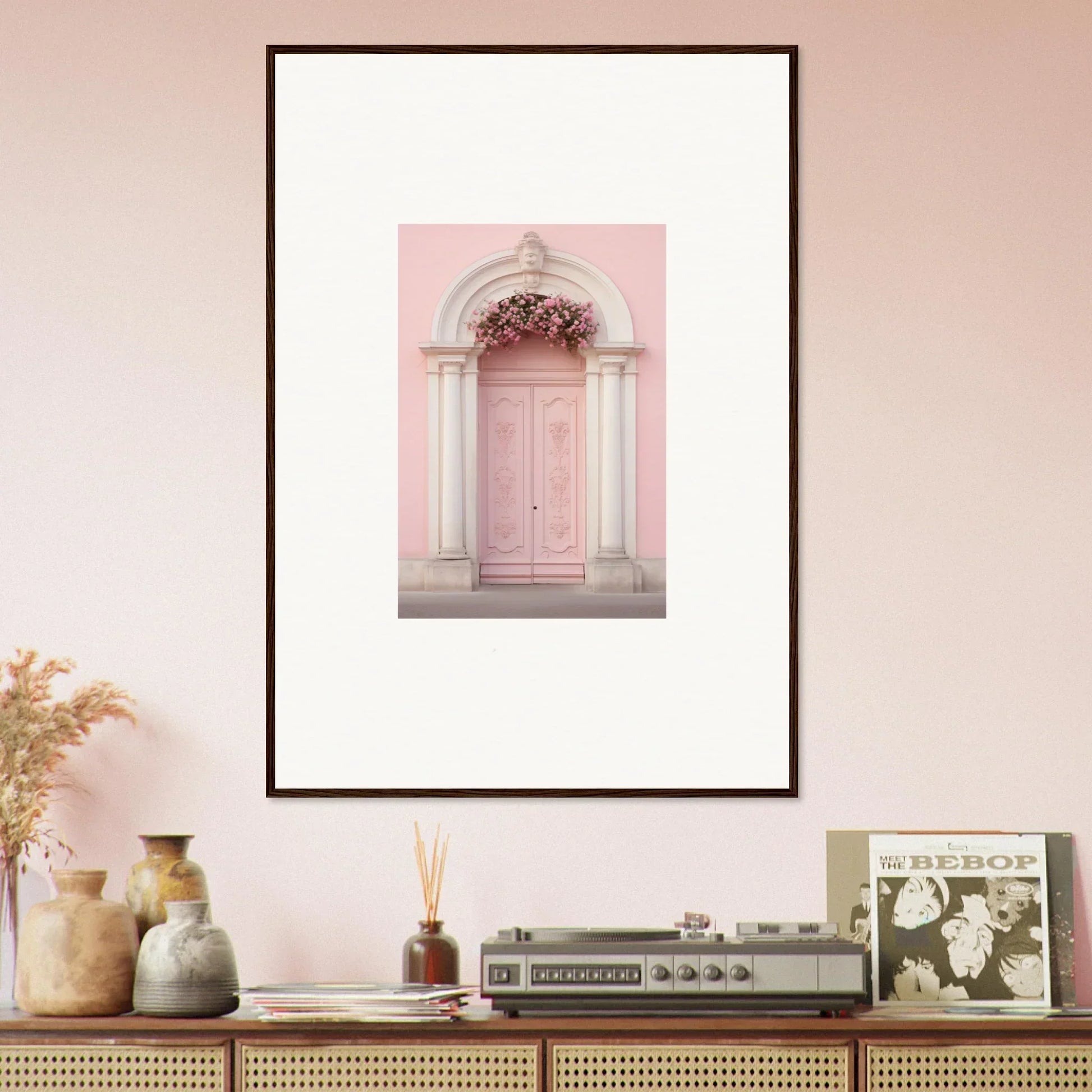 Framed wall art of a pink door in an ornate archway from Luminous Pastel Dreams