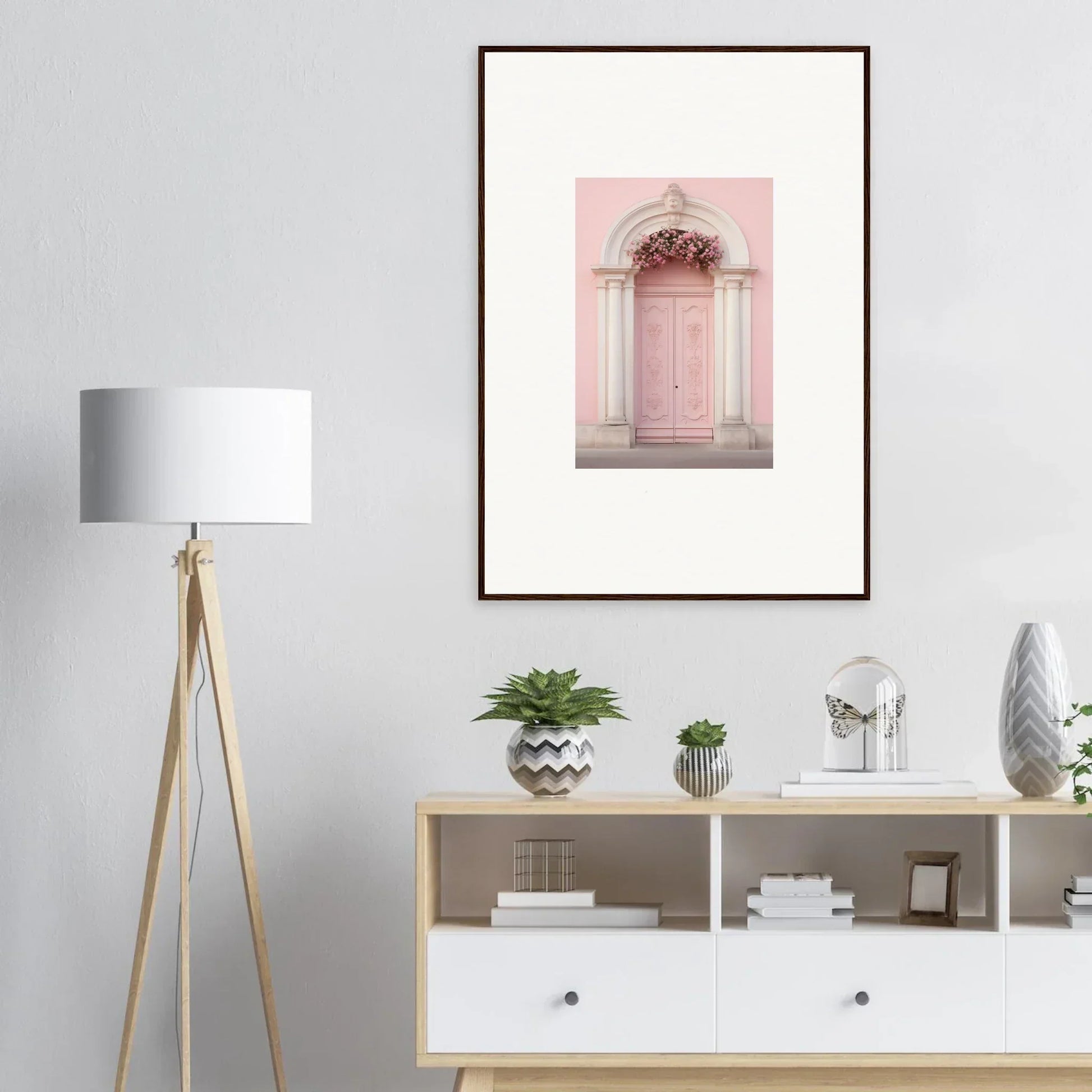 Framed wall art of a pink door with classical details from Luminous Pastel Dreams