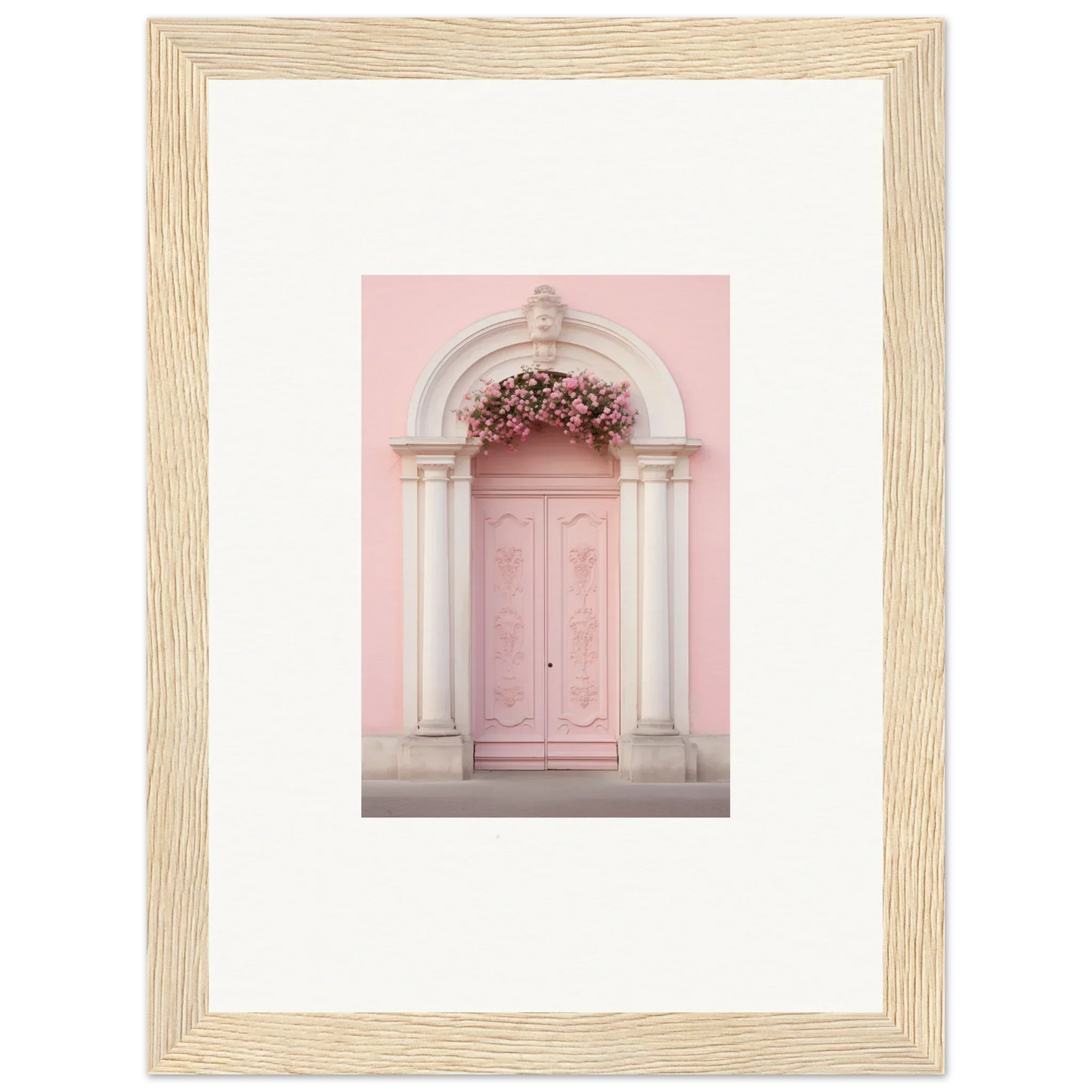 Luminous Pastel Dreams framed wall art of a pink door with floral archway decor