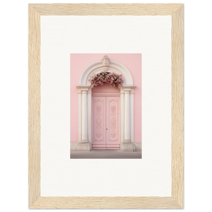 Luminous Pastel Dreams framed wall art of a pink door with floral archway decor